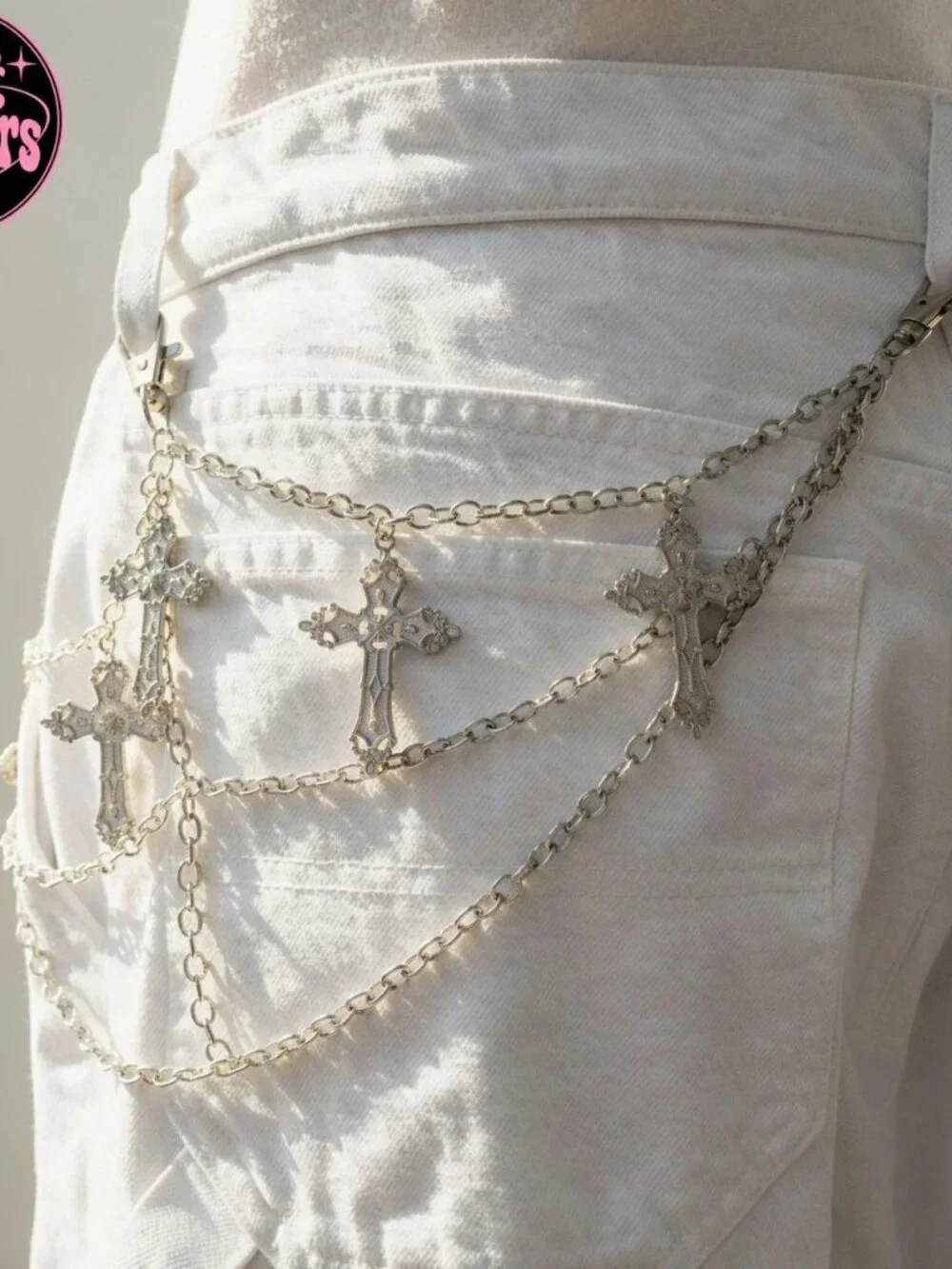 Y2k 2000s style Silver chain belt with cross charms